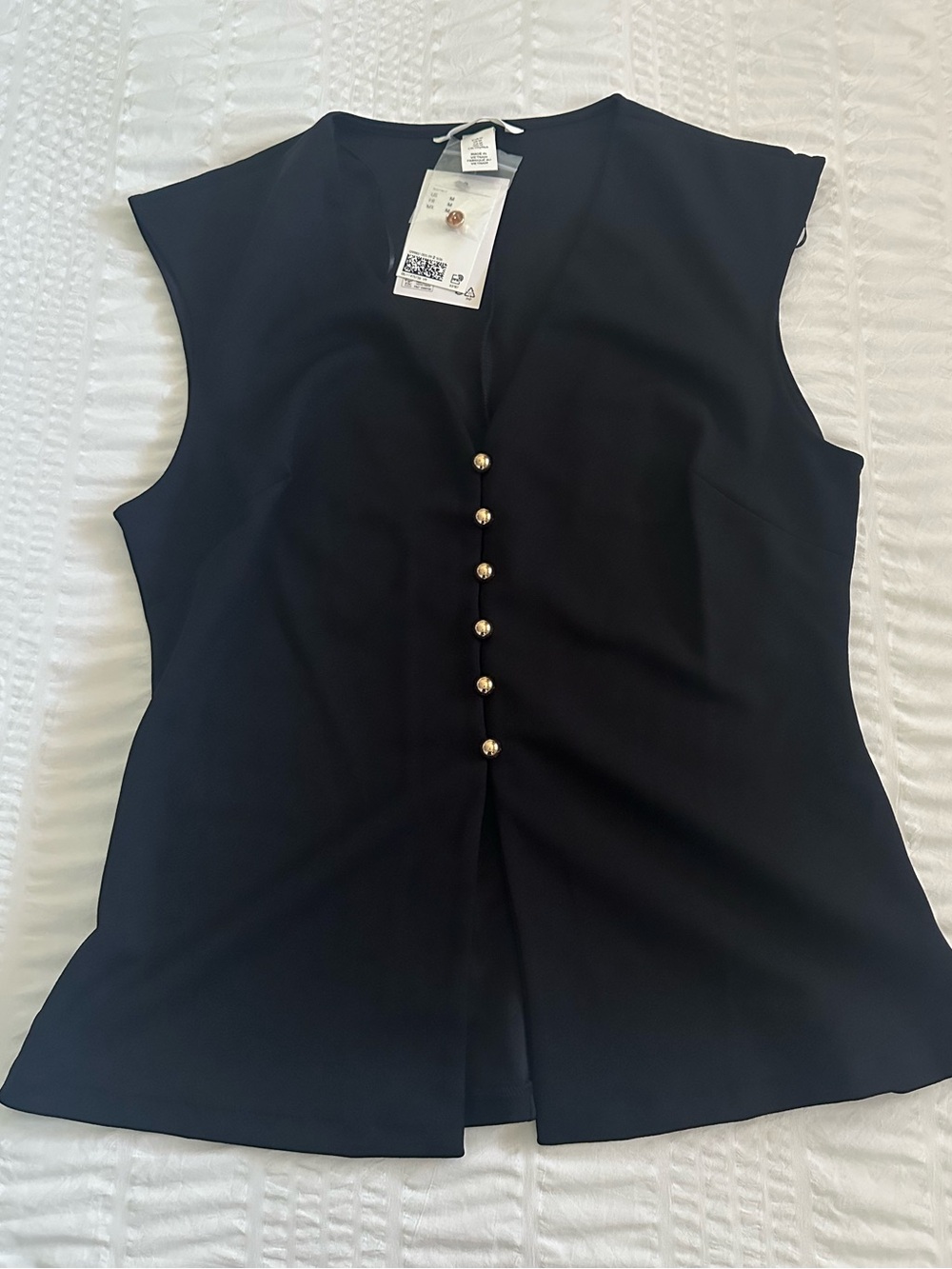 H&M Black Sleeveless V-Neck vest with Gold Buttons Medium